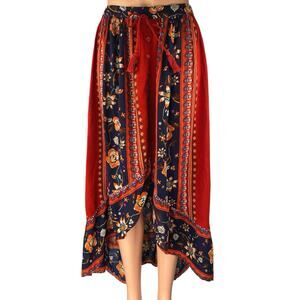 NEW Band Of Gypsies Red Floral Bohemian Hi-Low Ruffle Midi Maxi Skirt Size M